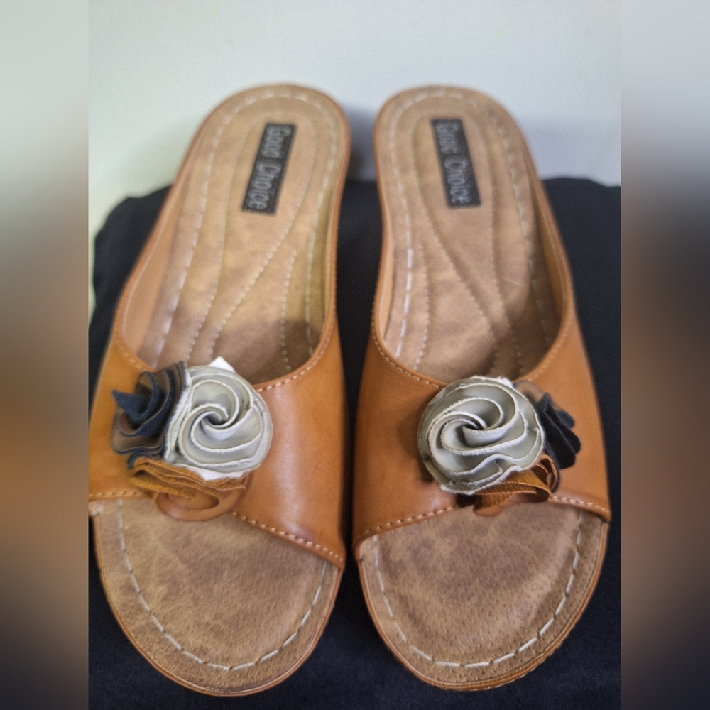 Elegant Tan Mules with Floral Detail